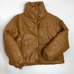 Lioness Small Talk Faux Leather Puffer Coat Funnel Neck Camel XXS